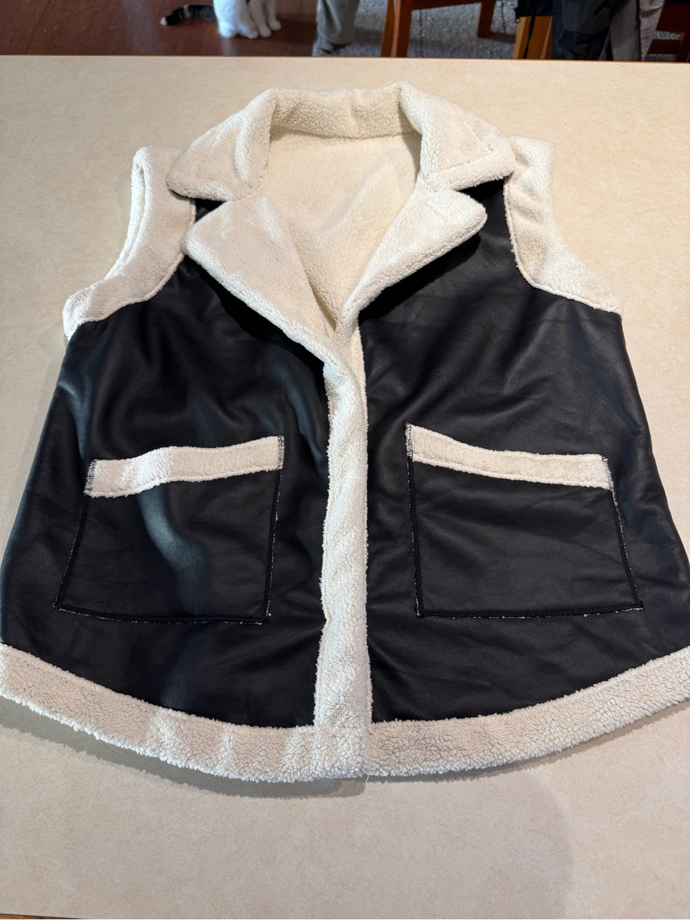 SHEIN Black Faux Leather Vest with Cream Sherpa Trim